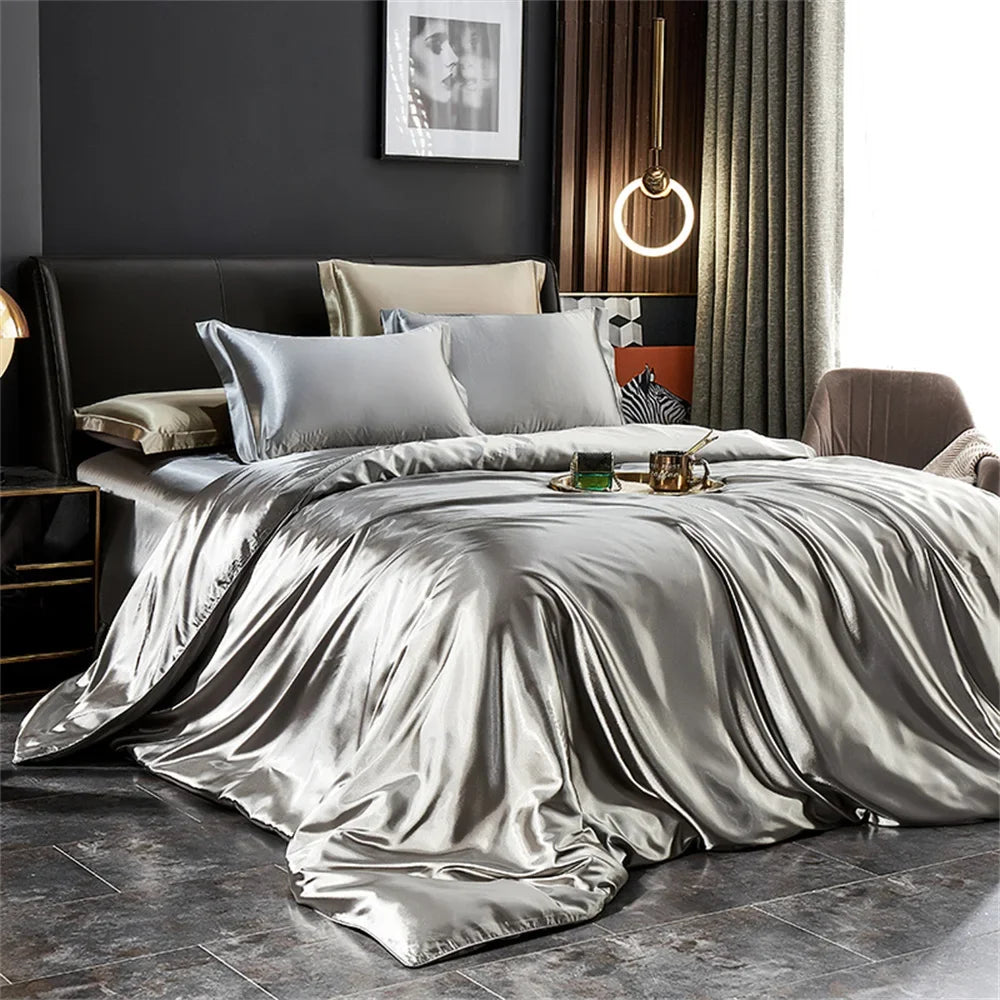 Luxury MC THE BLACK DIAMOND solid silk bedding set with duvet cover, bed sheet, and pillowcases in satin for king, queen, or twin beds