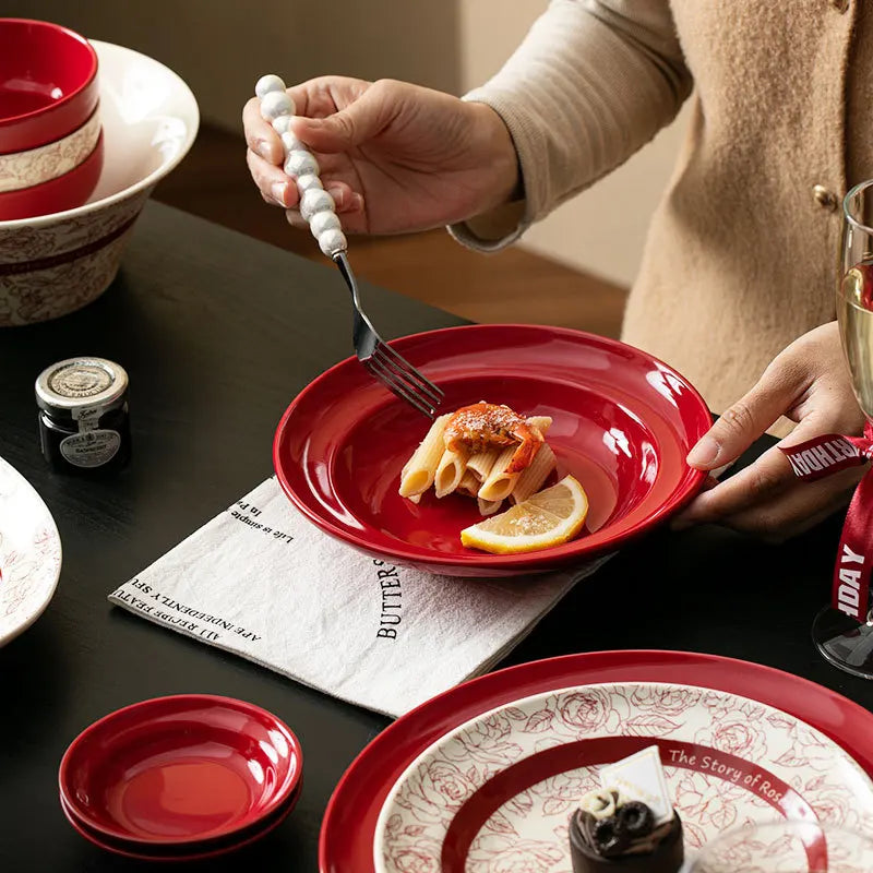 Red retro ceramic steak plate from 𝕄𝕔 𝕋𝕙𝕖 𝔹𝕝𝕒𝕔𝕜 𝔻𝕚𝕒𝕞𝕠𝕟�
