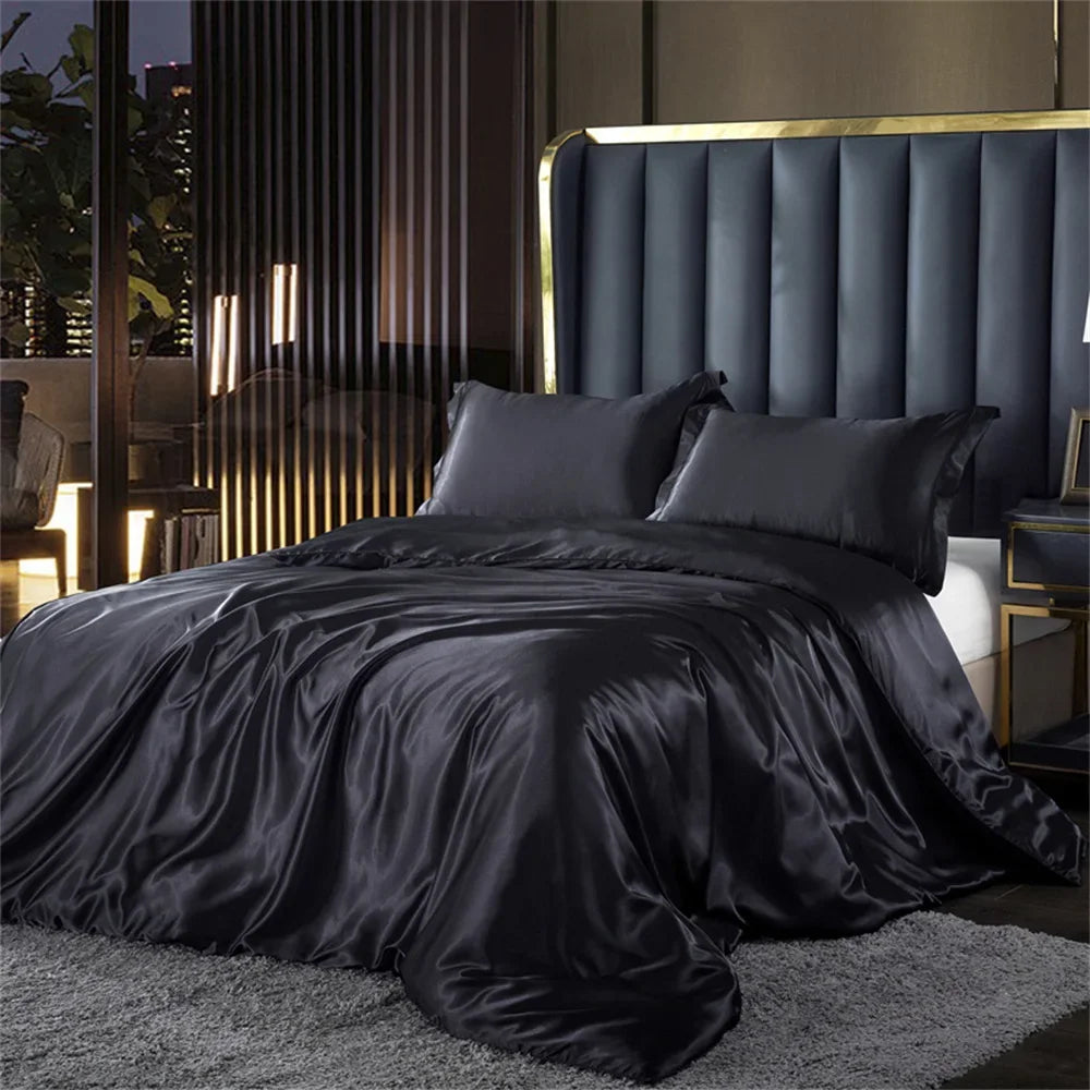 Luxury MC THE BLACK DIAMOND solid silk bedding set with duvet cover, bed sheet, and pillowcases in king and queen sizes.