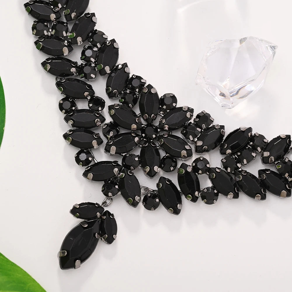 Graceful Black Leaves Jewelry Set Crystal Bridal Gift for Wedding Boho Design Rhinestone Necklace Earrings Set Piercing Handmade - https://mohammadcollection.com