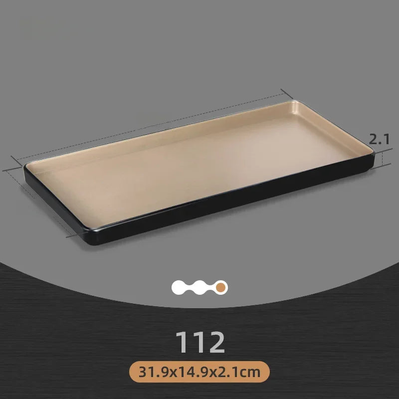 Rectangular Japanese-style melamine dinner plate with a durable barbecue platter design, ideal for outdoor kitchen use.