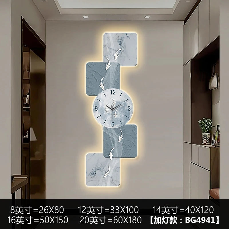 Modern wall clock featuring nine fish design, LED luminescent mural, silent movement, suitable for living room or hallway decor.