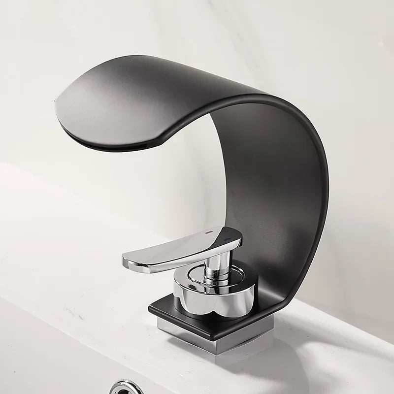 MC THE BLACK DIAMOND waterfall bathroom sink faucet with hot and cold water mixer, black and white finish, suitable for bath and washbasin