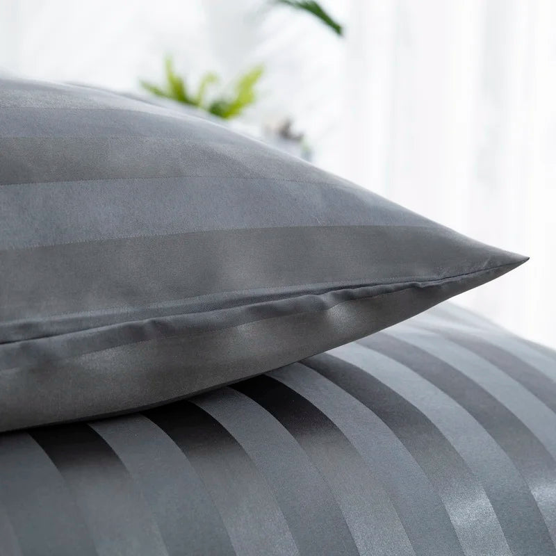 Luxury satin striped duvet cover set in ivory white, soft silky-like bedsheets by MC The Black Diamonds in full, queen, king, single, double sizes.