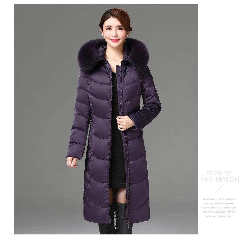 Shengyu Boya women's knee-length down jacket with large fur collar, slim fit, thickened outwear for middle-aged and elderly women.