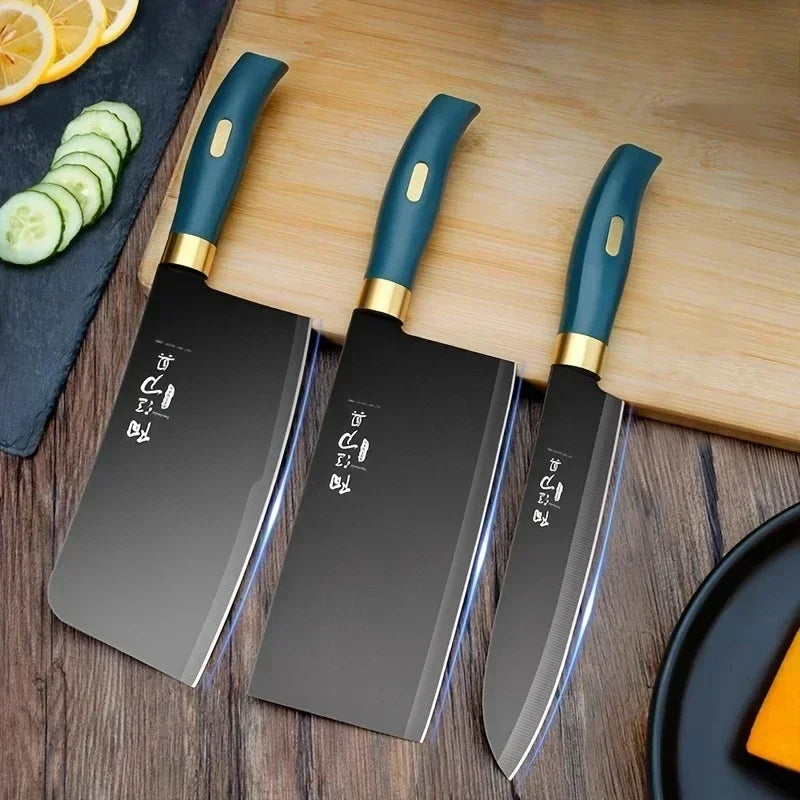Portable and wear-resistant Mc The Black Diamonds kitchen chef knife set with durable slicing and meat cutting knives for home use.