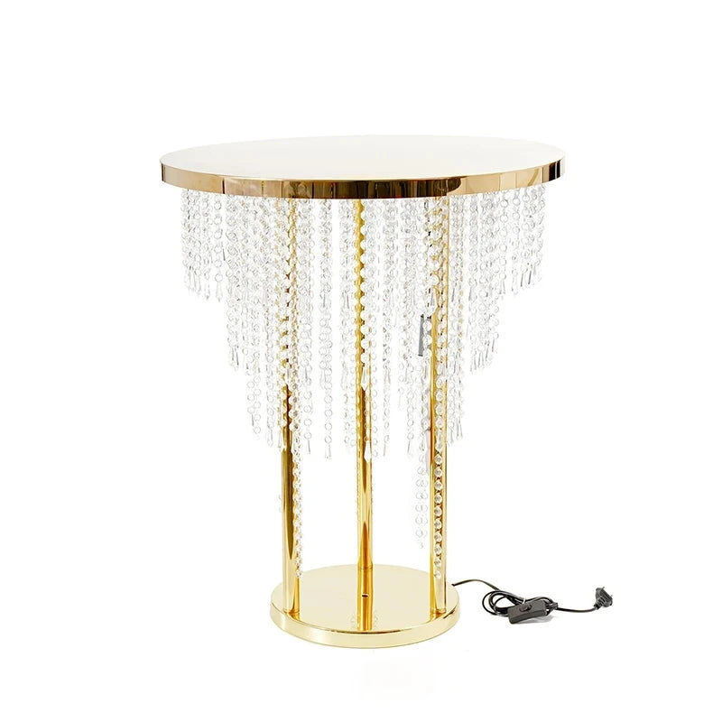 Crystal bead curtain wedding decoration table with metal frame and lighting, designed by 𝕄𝕔 𝕋𝕙𝕖 𝔹𝕝𝕒𝕔𝕜 𝔻𝕚𝕒𝕞