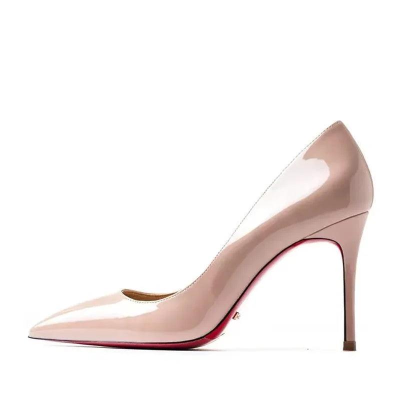Plus size red women's pointed toe pumps with rubber soles, high heels, suitable for dress, party, or wedding occasions.