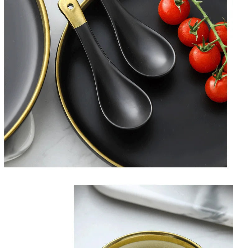 Black and white matte porcelain dinner plate from MC THE BLACK DIAMOND, sleek kitchenware for modern table settings.