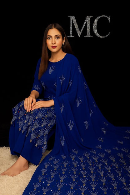 Blue rhinestone chiffon fabric by Mohammad Collection, 60-inch wide for wedding drapes or dressmaking, luxurious and elegant material.