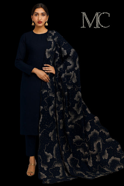 Luxurious navy blue fabric velvet from Mohammad Collection, showcasing soft, plush texture and elegant drape.