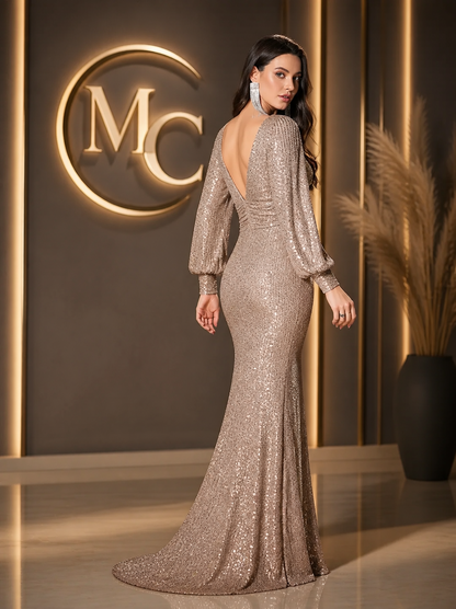 MC THE BLACK DIAMOND mermaid maxi dress with twisted lantern sleeves, gold sequins, and elegant evening party style.