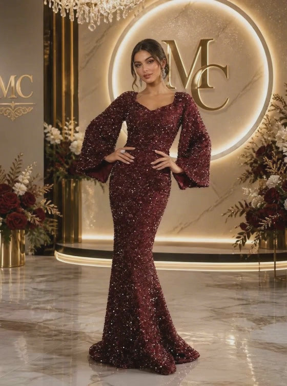 Fashionable V-Neck Rhinestone Embellished European and American Style Midwest Flare Sleeve Long Evening Dress